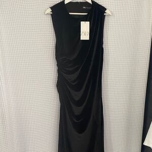 Zara Black Sheath Midi Dress Crew Neck Sleeveless